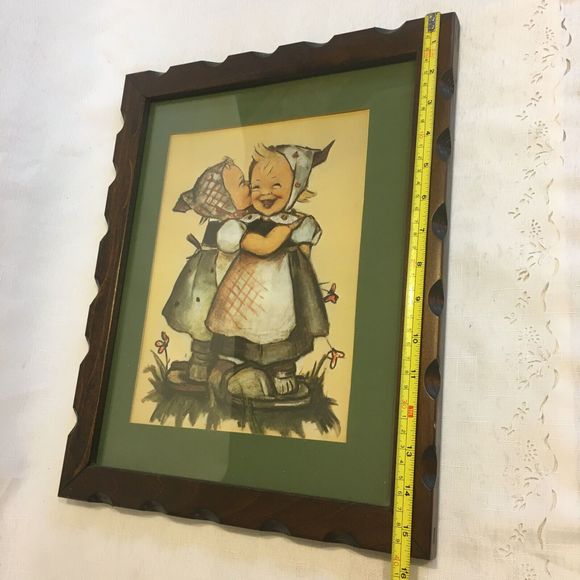 B Hummel Print Telling Her Secret Two Girls Ars Sacra Green Matte & Wood Framed - Picture 7 of 8